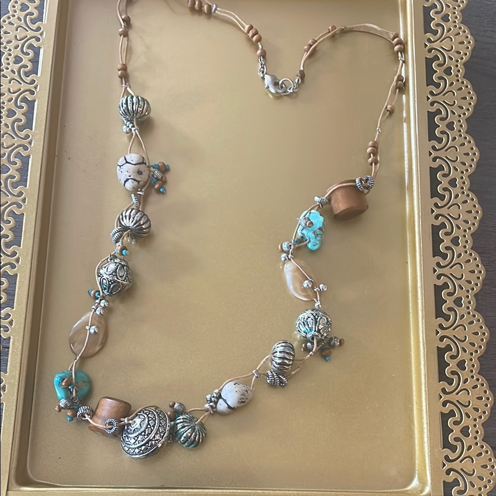 Bohemian Style Silver Tone & Turquoise Beaded Statement Necklace, 34 inches